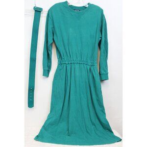 VTG 90s Hook Sport Cotton Dress sz S Teal Long Sleeve Shoulder Pads Belt Pockets